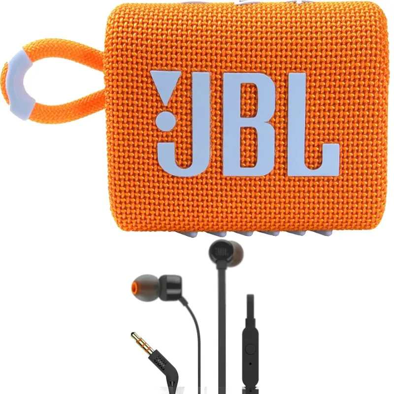 JBL Go 3 Portable Bluetooth Speaker Orange and JBL T110 in Ear Headphones