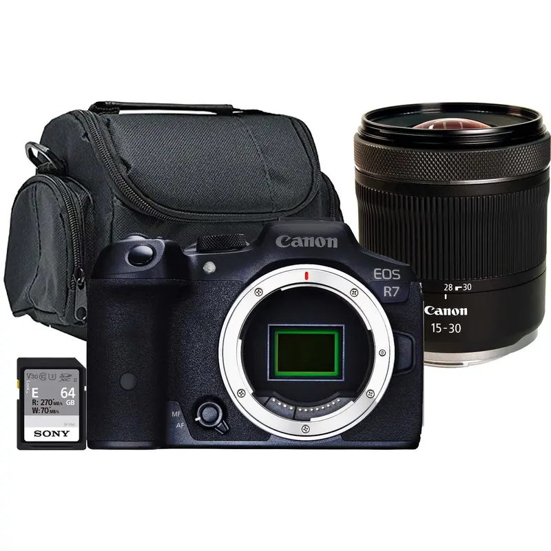 Canon EOS R7 Mirrorless Camera with RF 15-30mm f/4.5-6.3 IS STM Lens and Accessories