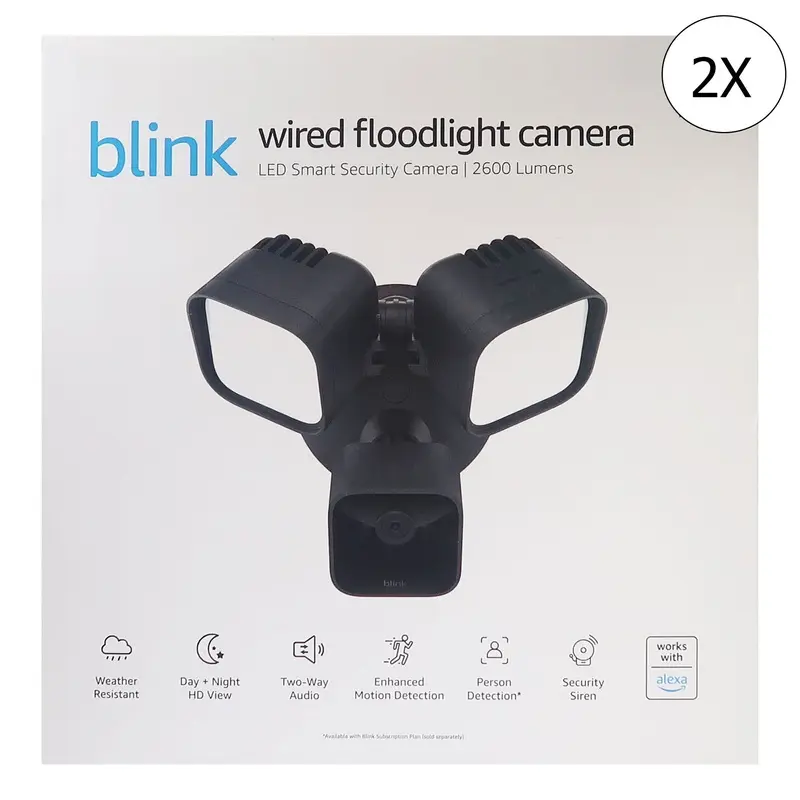 2x Blink Wired Floodlight Camera 2600 lumens Works with Alexa  1 camera (Black)