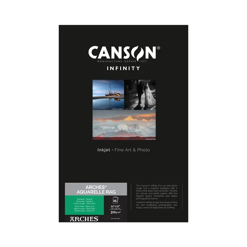Canson Infinity ARCHES Aquarelle Rag Matte Inkjet Paper, 310 gsm, 11 x 17" - 25 Sheets
