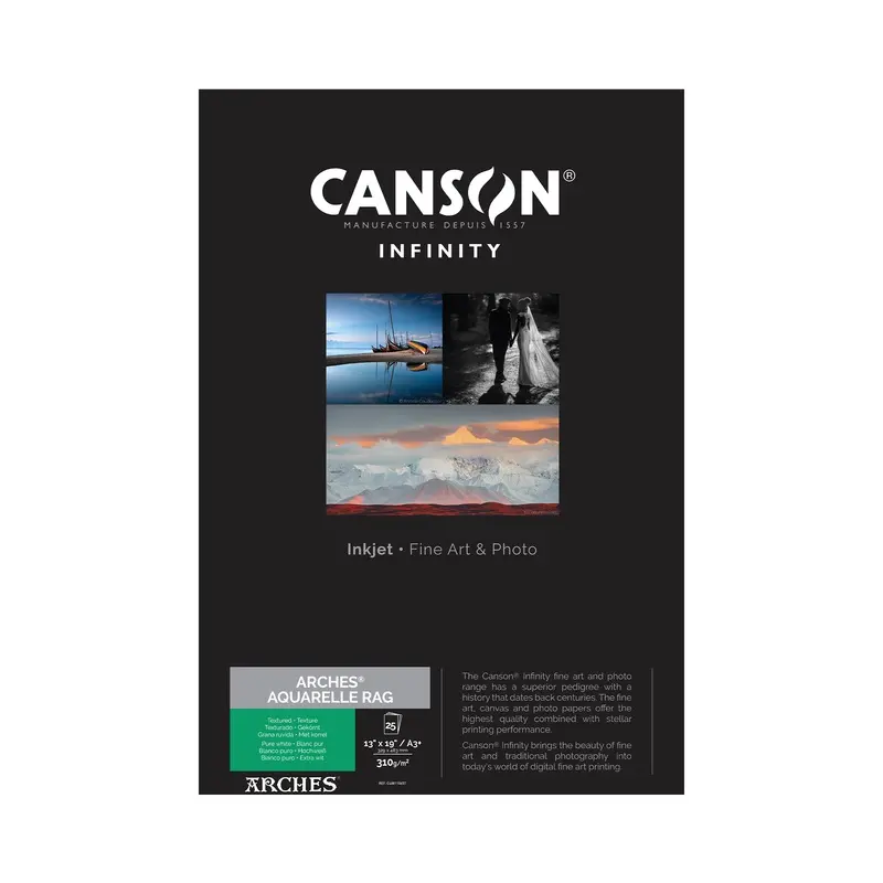 Canson Infinity ARCHES Aquarelle Rag Matte Inkjet Paper, 310 gsm, 13 x 19" - 25 Sheets