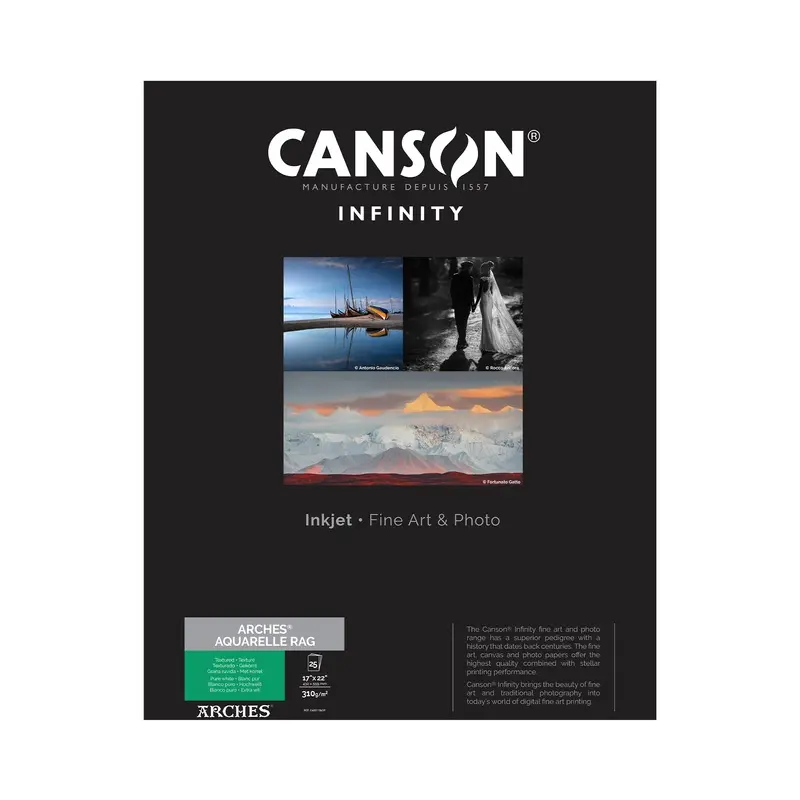 Canson Infinity ARCHES Aquarelle Rag Matte Inkjet Paper, 310 gsm, 17 x 22" - 25 Sheets